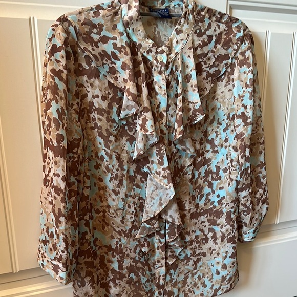 Doncaster Women's Ruffle Blouse - Brown and Blue Pattern 100% Silk - Picture 4 of 6